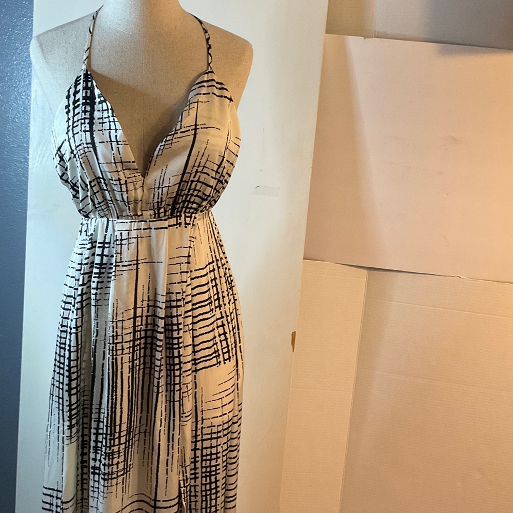 NYC Cream and Black Striped-Grid Maxi Dress